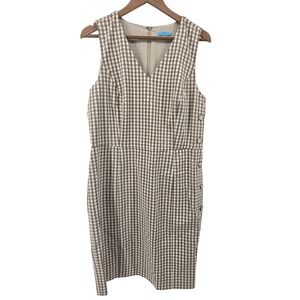 J. McLaughlin Paulson Dress Size 14‎ Tan White Gingham Check Side Button Sheath